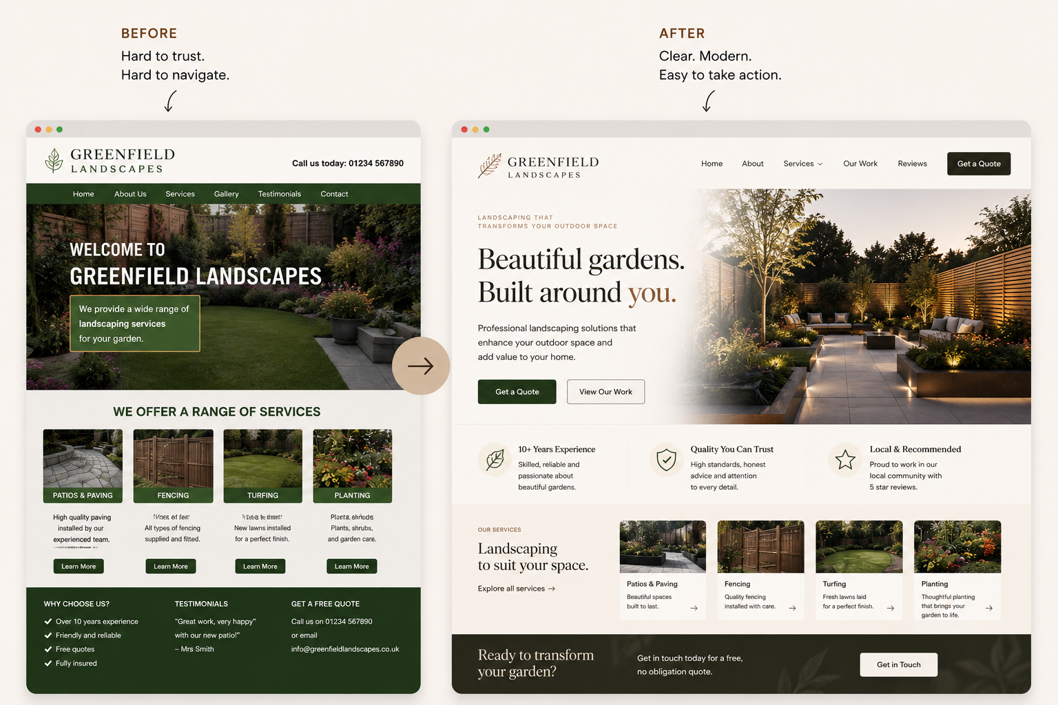 Before and after website redesign example for a landscaping business